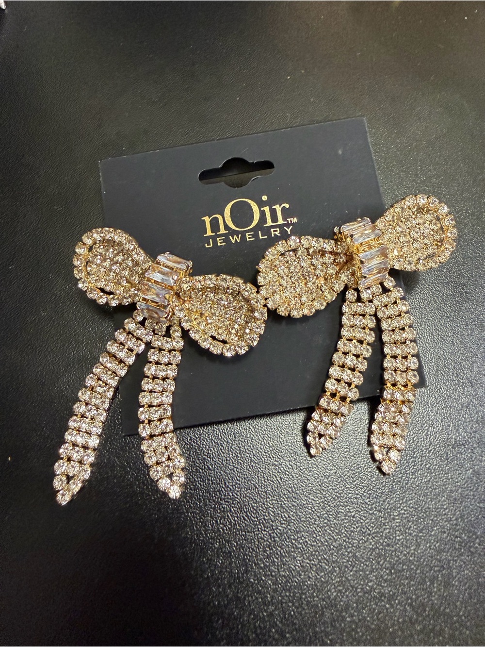 nOir Jewelry Gold Crystal Bow Drop Earrings with Dangle Strands